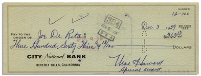 Moe Howard Check Signed to Joe DeRita -- Endorsed by DeRita on Verso -- Dated 3 December 1959 -- Measures 8.25'' x 3'' -- Very Good Condition